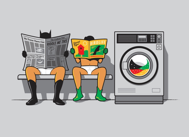 Batman and Robin wait for Laundry services dry clean done